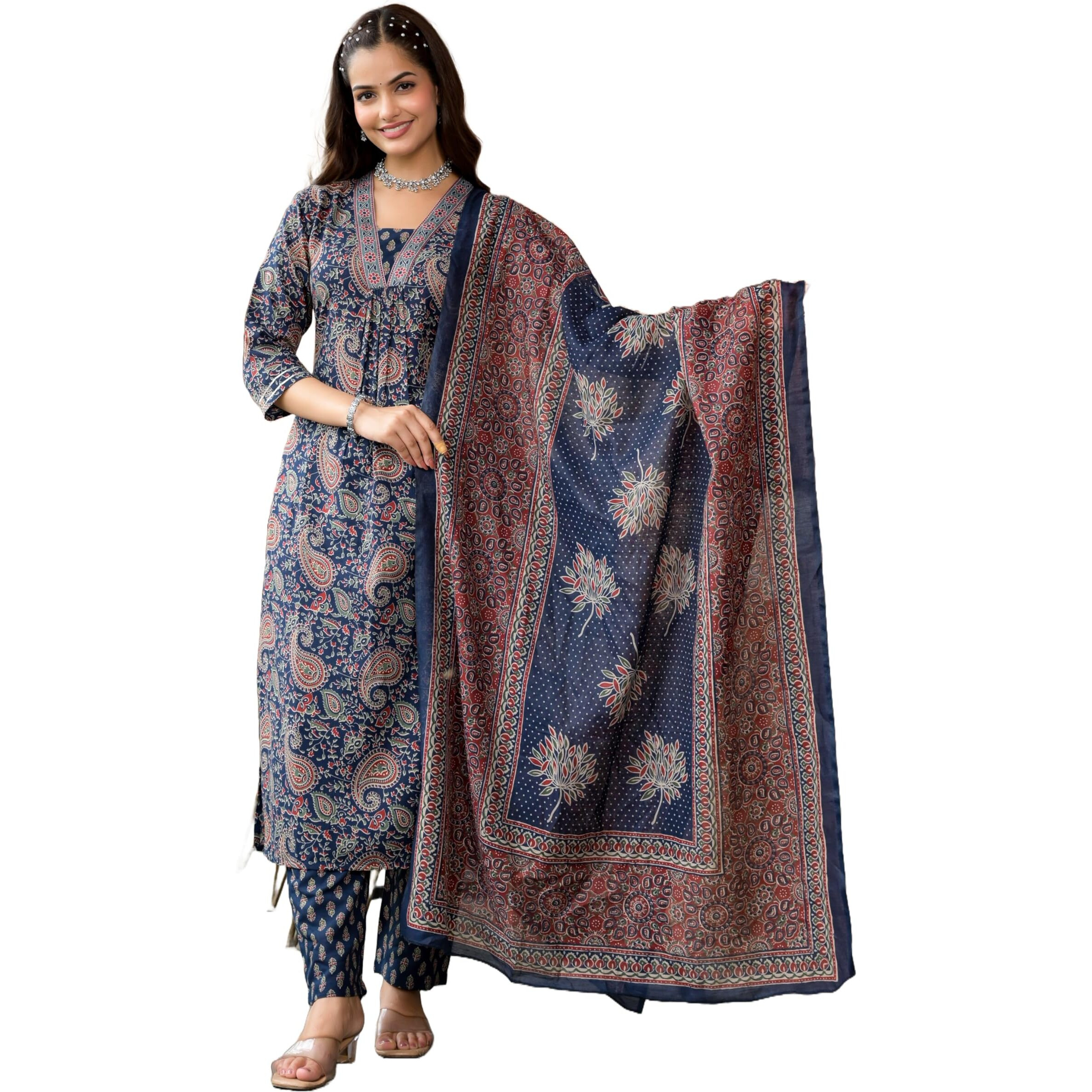 KLOSIA Women Printed Kurta Set and Pant with Dupatta (X-Large) Blue