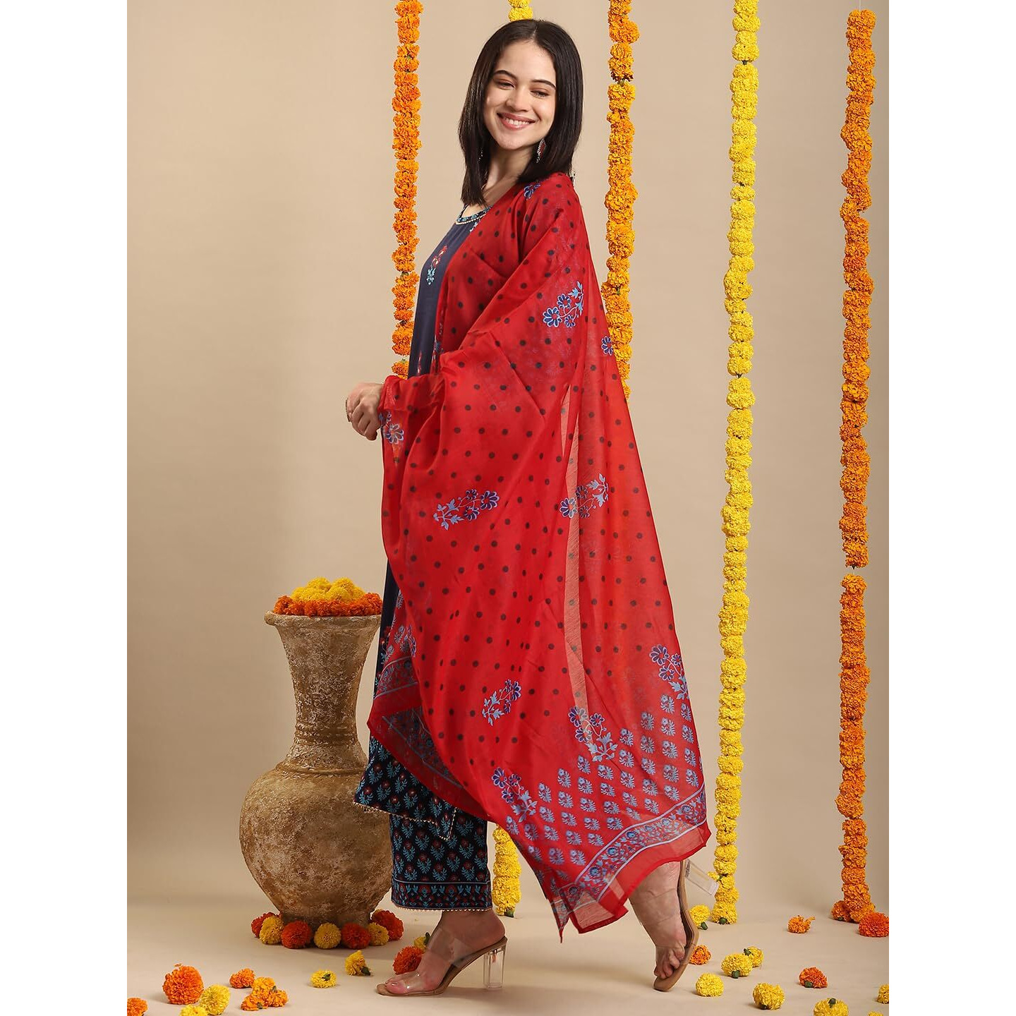 GoSriKi Women's Rayon Blend Straight Printed Kurta with Pant & Dupatta (MASUMI BLUE-VKS01-GS_XXL_Blue_XX-Large)
