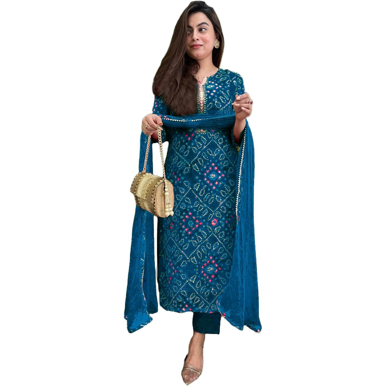GoSriKi Women's Rayon Blend Straight Printed Kurta with Pant & Dupatta (TURAE Cerosin-GS_XXL_Dark Blue_XX-Large)