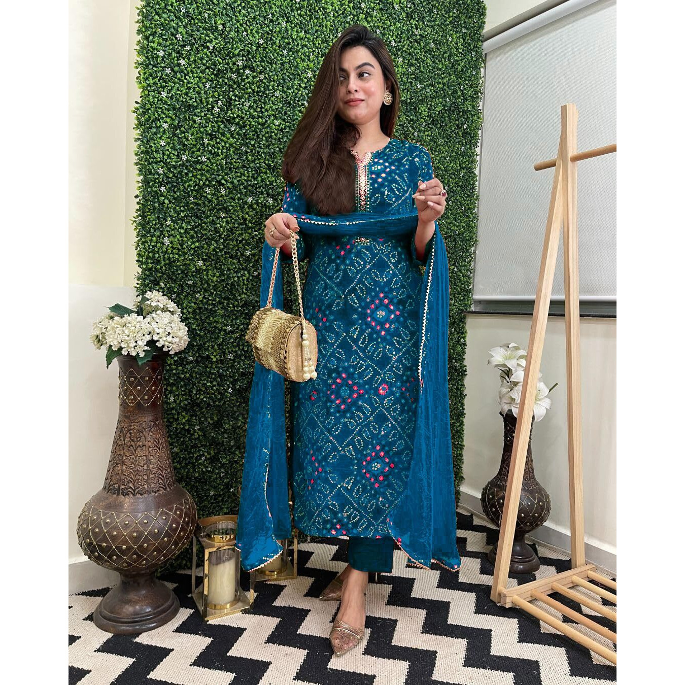 GoSriKi Women's Rayon Blend Straight Printed Kurta with Pant & Dupatta (TURAE Cerosin-GS_XXL_Dark Blue_XX-Large)