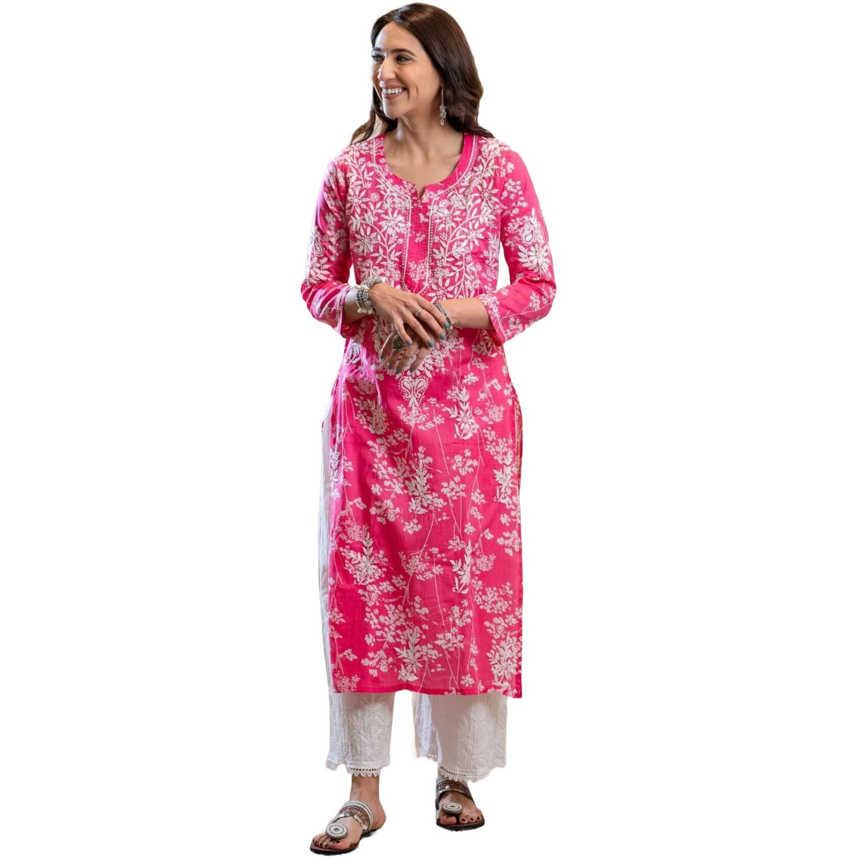 GoSriKi Women's Cotton Blend Chikankari Embroidered Straight Kurta (Zainab Pink-NW-GS_L_Pink_Large)