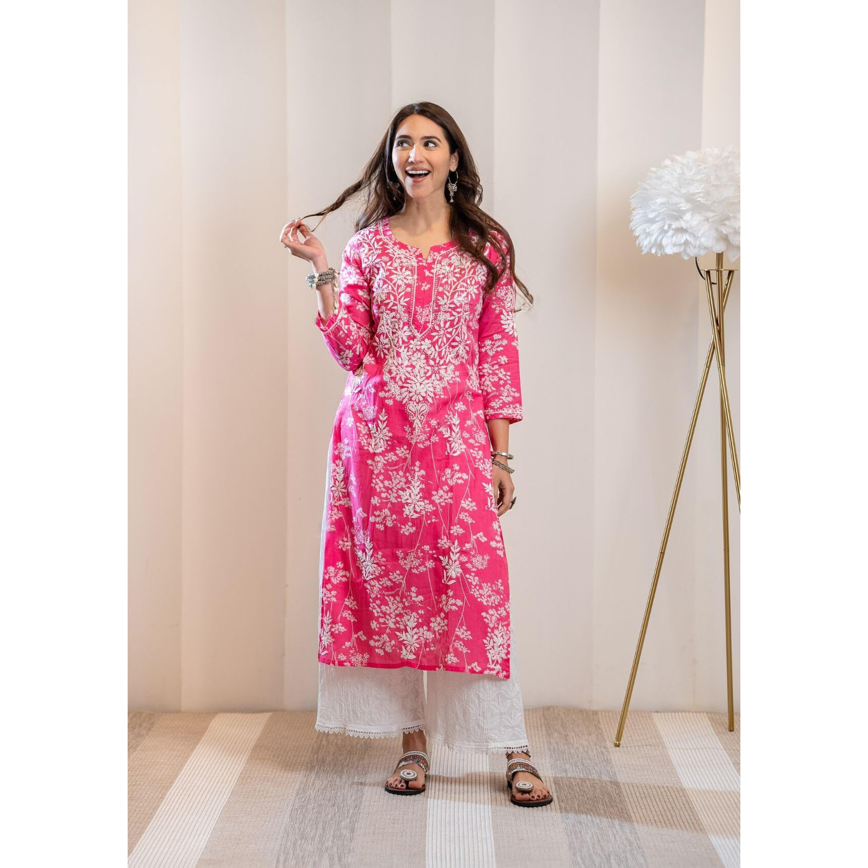 GoSriKi Women's Cotton Blend Chikankari Embroidered Straight Kurta (Zainab Pink-NW-GS_L_Pink_Large)