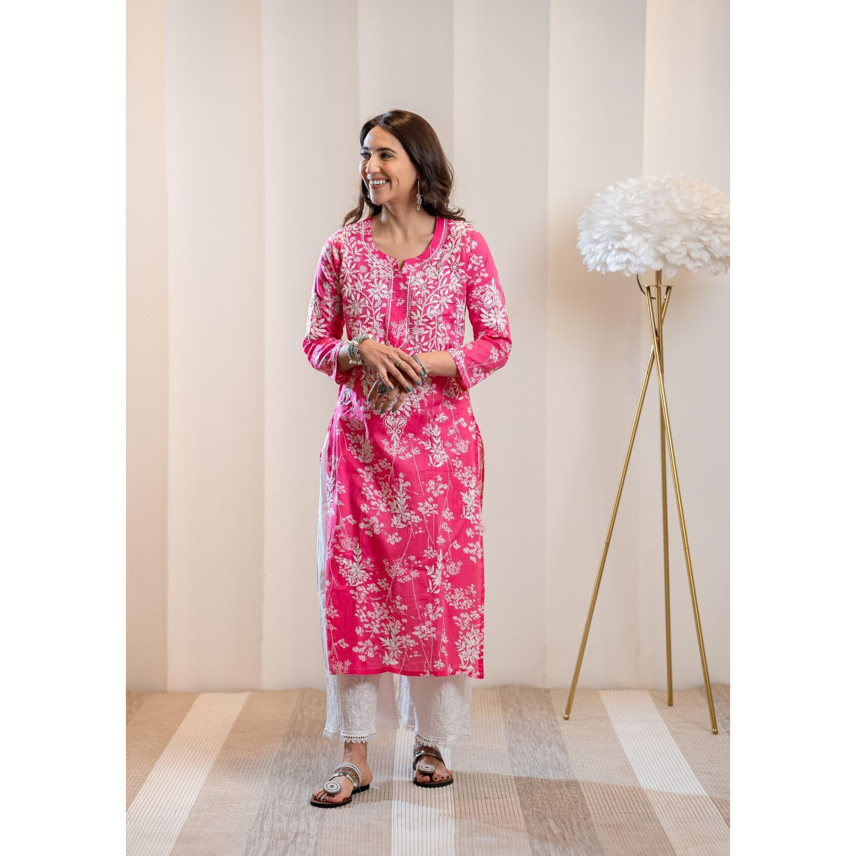GoSriKi Women's Cotton Blend Chikankari Embroidered Straight Kurta (Zainab Pink-NW-GS_L_Pink_Large)