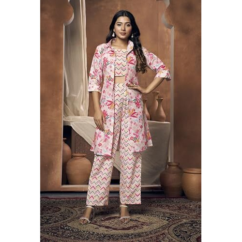 GRECIILOOKS 3 Piece Co-Ord Set For Women | Formal/Office Co-Ord Set For Women | Blazer Co-Ord Set For Women | Designer Kurta Set For Women | Kurta SET (IN, Alpha, S, Regular, PINK)