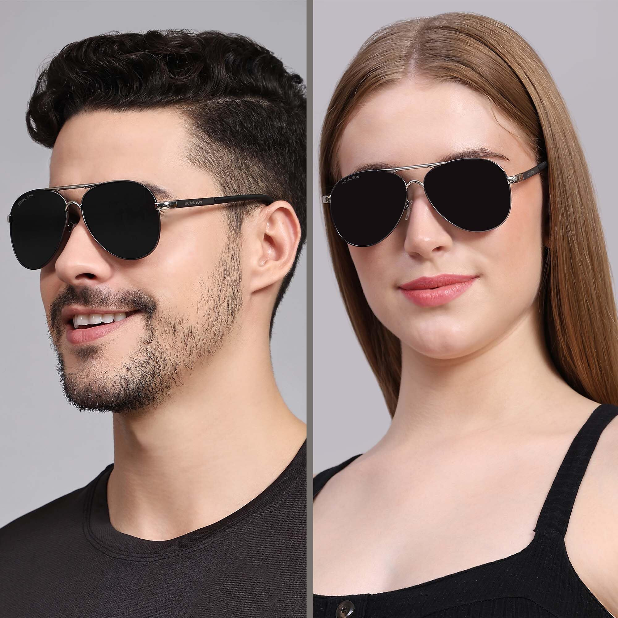ROYAL SON Unisex Adult Aviator Polarization Sunglasses C1 Silver Frame, Black Lens(L) - (Pack Of 1)