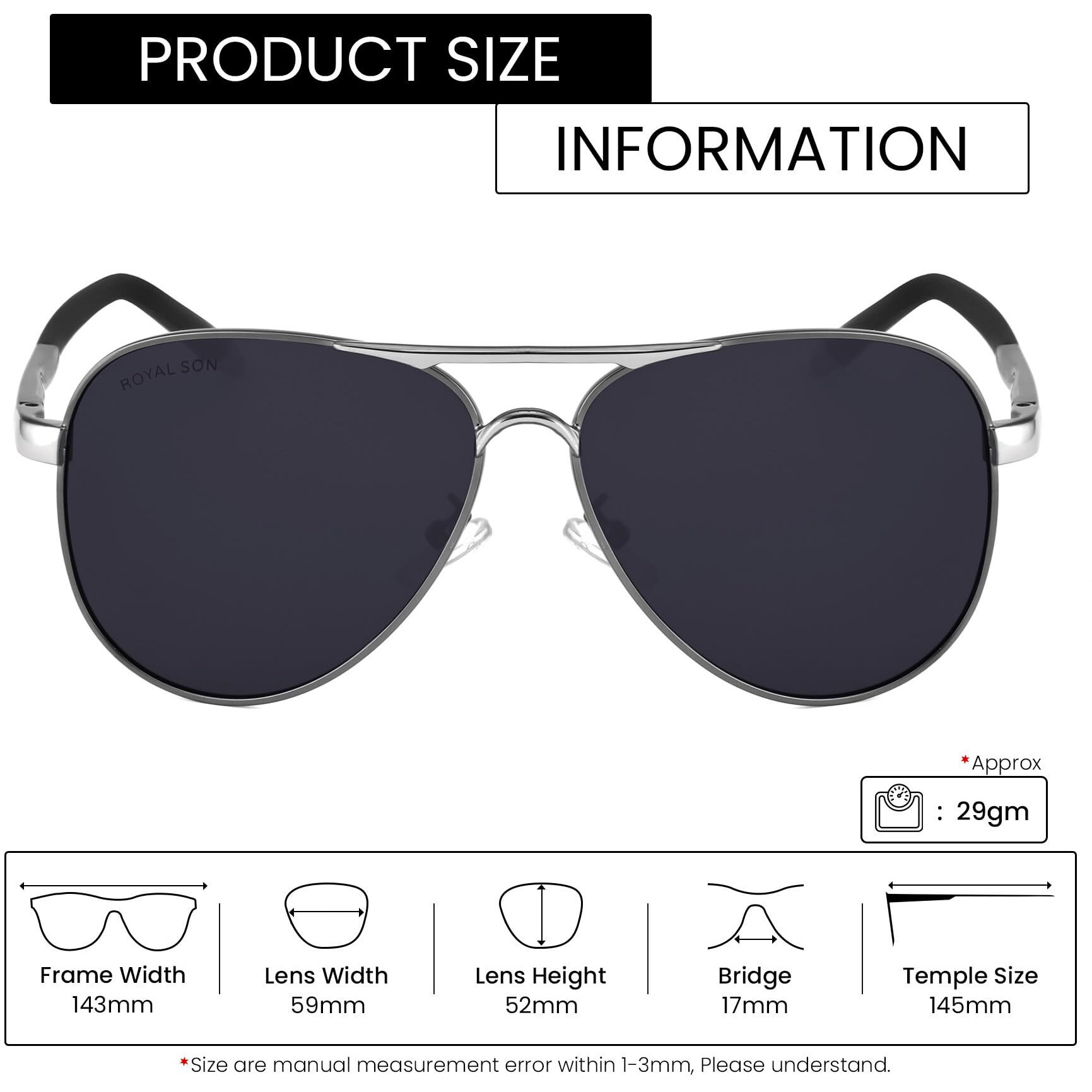 ROYAL SON Unisex Adult Aviator Polarization Sunglasses C1 Silver Frame, Black Lens(L) - (Pack Of 1)