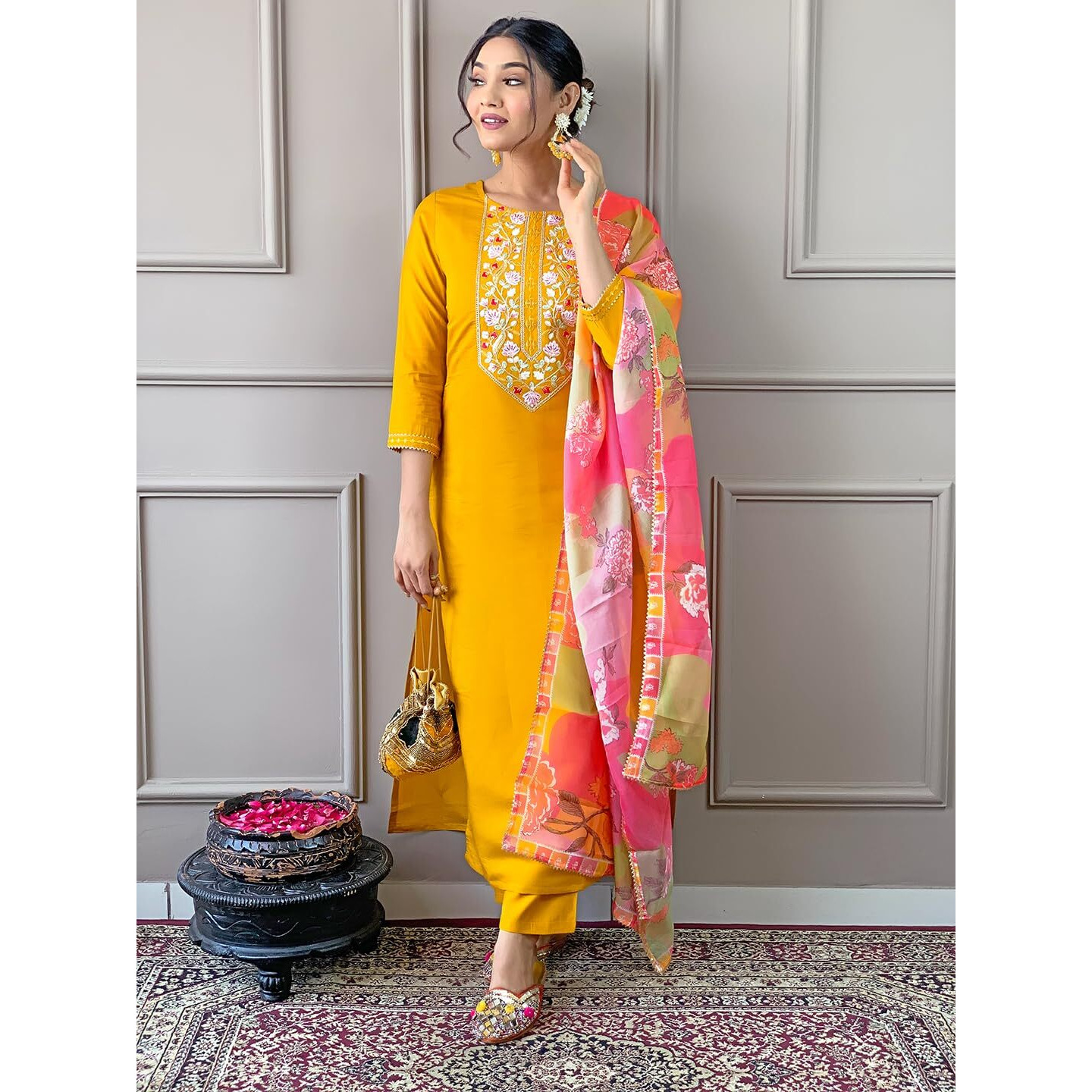 Naixa Women's Yellow Rayon Blend Embroidered Straight Kurta with Rayon Blend Pant and Organza Printed Dupatta Sets (NX-506-Yellow-XL)
