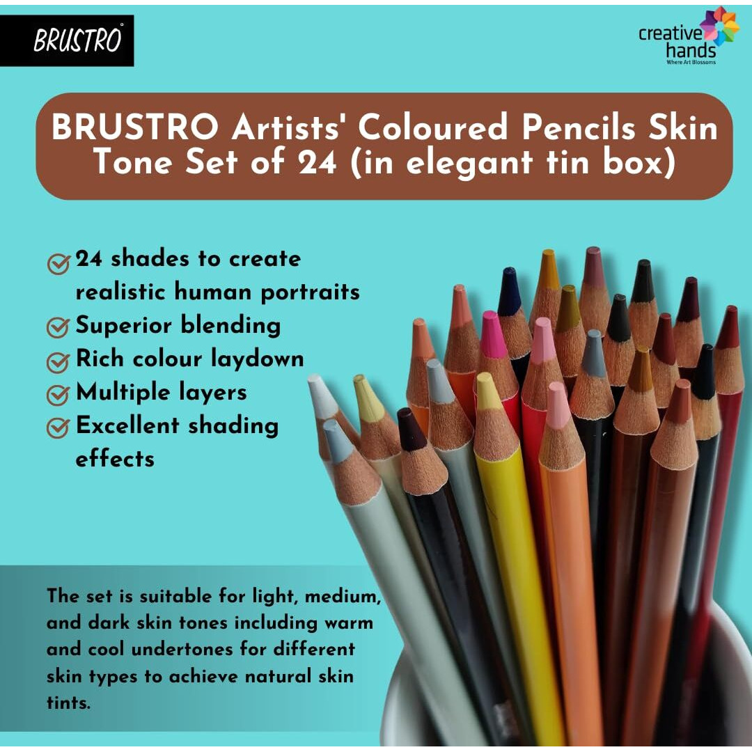 BRUSTRO Artist's Colour Pencil Skin Tone| Set of 24 (in an Elegant tin Box) | Ideal for Coloring, Vibrant shades, human face, Break & Fade resistant, DIY Art,Highly Pigmented, Mandala, Portrait