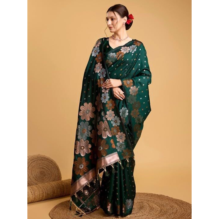C J Enterprise Women's Banarasi Saree Pure Kanjivaram Silk Saree Soft Design Wear Pattu Sarees Latest Cotton With Blouse Piece Kanchipuram for Wedding sadi new ladies 2025 (Champa-51) (Green)