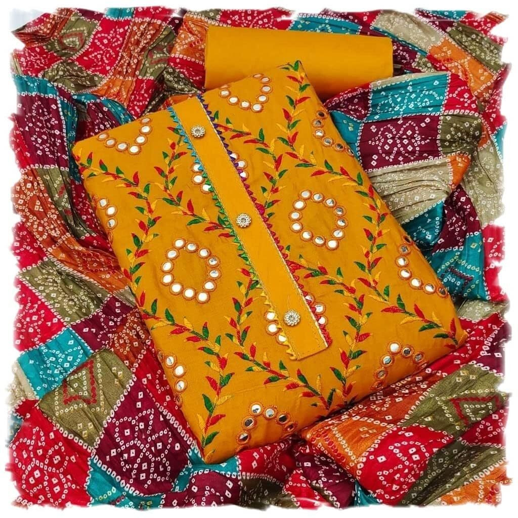 StyleScope Women's Cotton Blend Embroidery Work Unstitched Salwar Suit Dress Material With Bandhej/Bandhani Print Dupatta (DM Mirror Gold_Gold_Free Size)