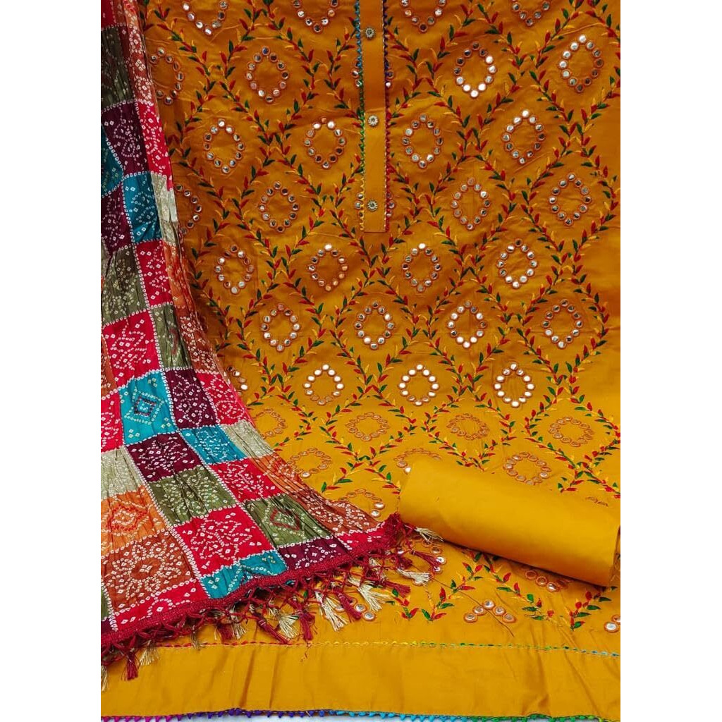 StyleScope Women's Cotton Blend Embroidery Work Unstitched Salwar Suit Dress Material With Bandhej/Bandhani Print Dupatta (DM Mirror Gold_Gold_Free Size)