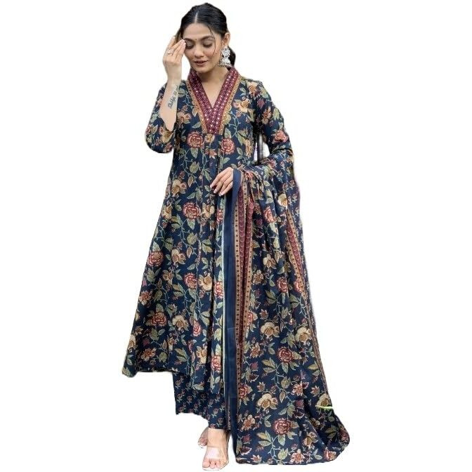 Nermosa Women Printed A-Line Kurta and pant set with Dupatta (IN, Alpha, S, Blue)