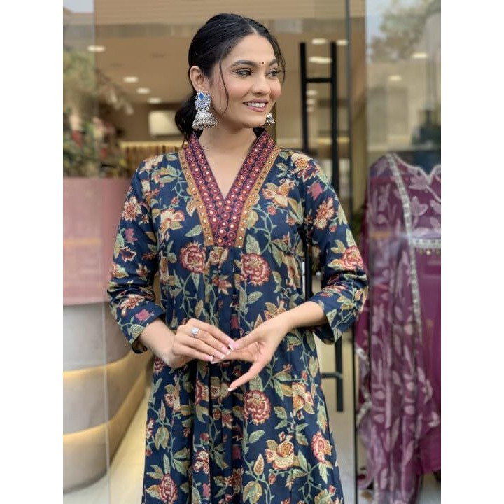 Nermosa Women Printed A-Line Kurta and pant set with Dupatta (IN, Alpha, S, Blue)