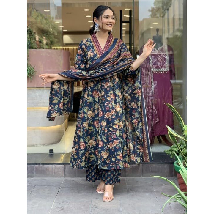 Nermosa Women Printed A-Line Kurta and pant set with Dupatta (IN, Alpha, S, Blue)