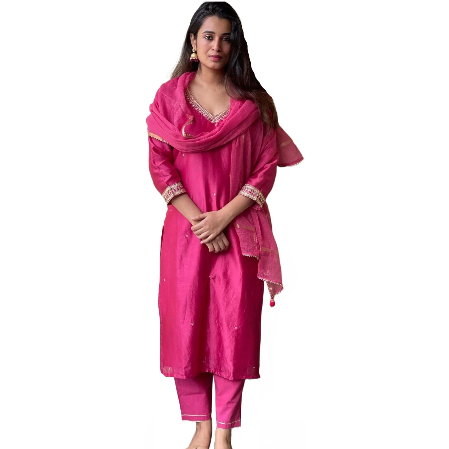 GoSriKi Women's Cotton Blend Kurta with Pant & Dupatta (BAGICHA-Rani-GS_Pink_Small)