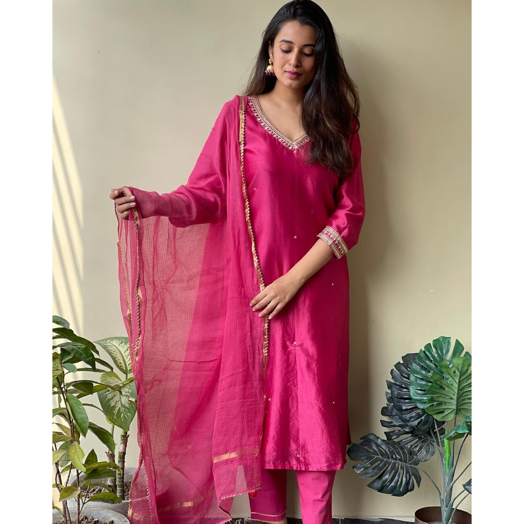 GoSriKi Women's Cotton Blend Kurta with Pant & Dupatta (BAGICHA-Rani-GS_Pink_Small)