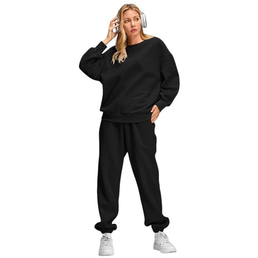 Q - RIOUS Women Oversize Sweatshirt & Joggers Track Suit Co-ord Set, Black, Medium