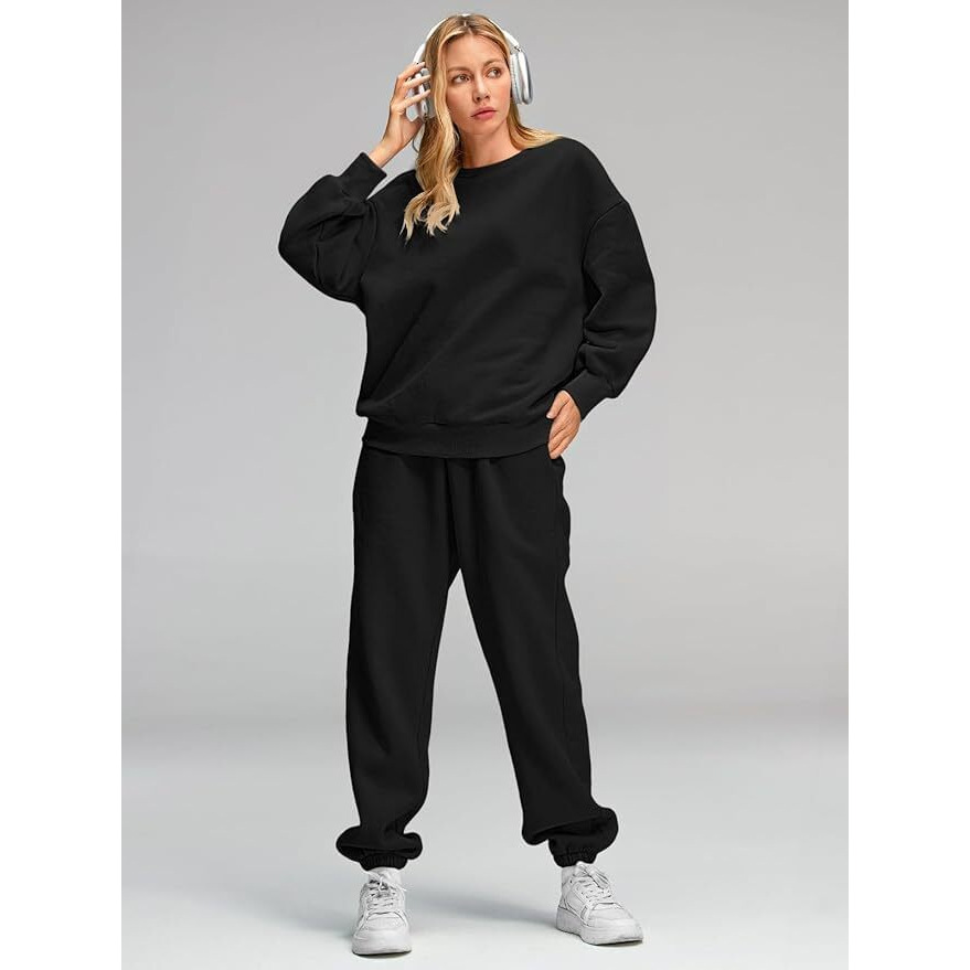 Q - RIOUS Women Oversize Sweatshirt & Joggers Track Suit Co-ord Set, Black, Medium