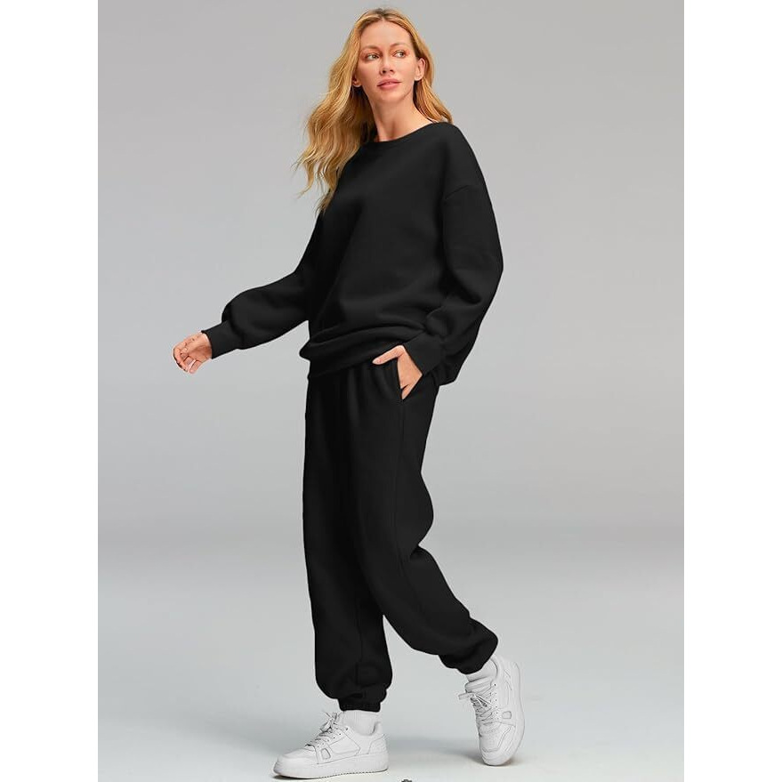 Q - RIOUS Women Oversize Sweatshirt & Joggers Track Suit Co-ord Set, Black, Medium