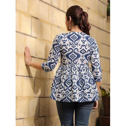NAINVISH Women's Blue Floral Printed A-line Cotton Blend Square Neck Top (SD669_T-M)