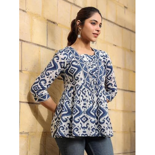 NAINVISH Women's Blue Floral Printed A-line Cotton Blend Square Neck Top (SD669_T-M)