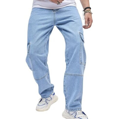 GRECIILOOKS Regular Cargo Pant Baggy Loose Fit | Cotton Jeans for Men (GL-MJ-01_Blue_28)