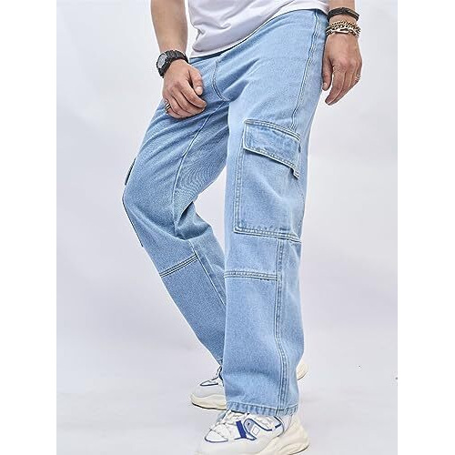 GRECIILOOKS Regular Cargo Pant Baggy Loose Fit | Cotton Jeans for Men (GL-MJ-01_Blue_28)