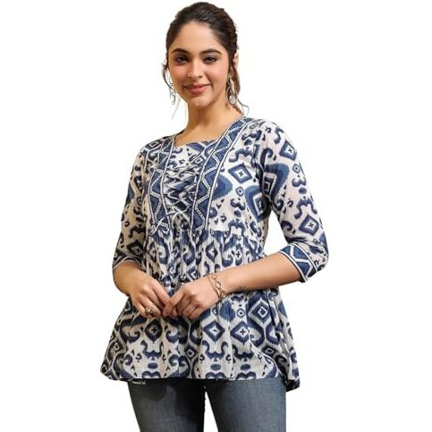 NAINVISH Women's Blue Floral Printed A-line Cotton Blend Square Neck Top (SD669_T-S)