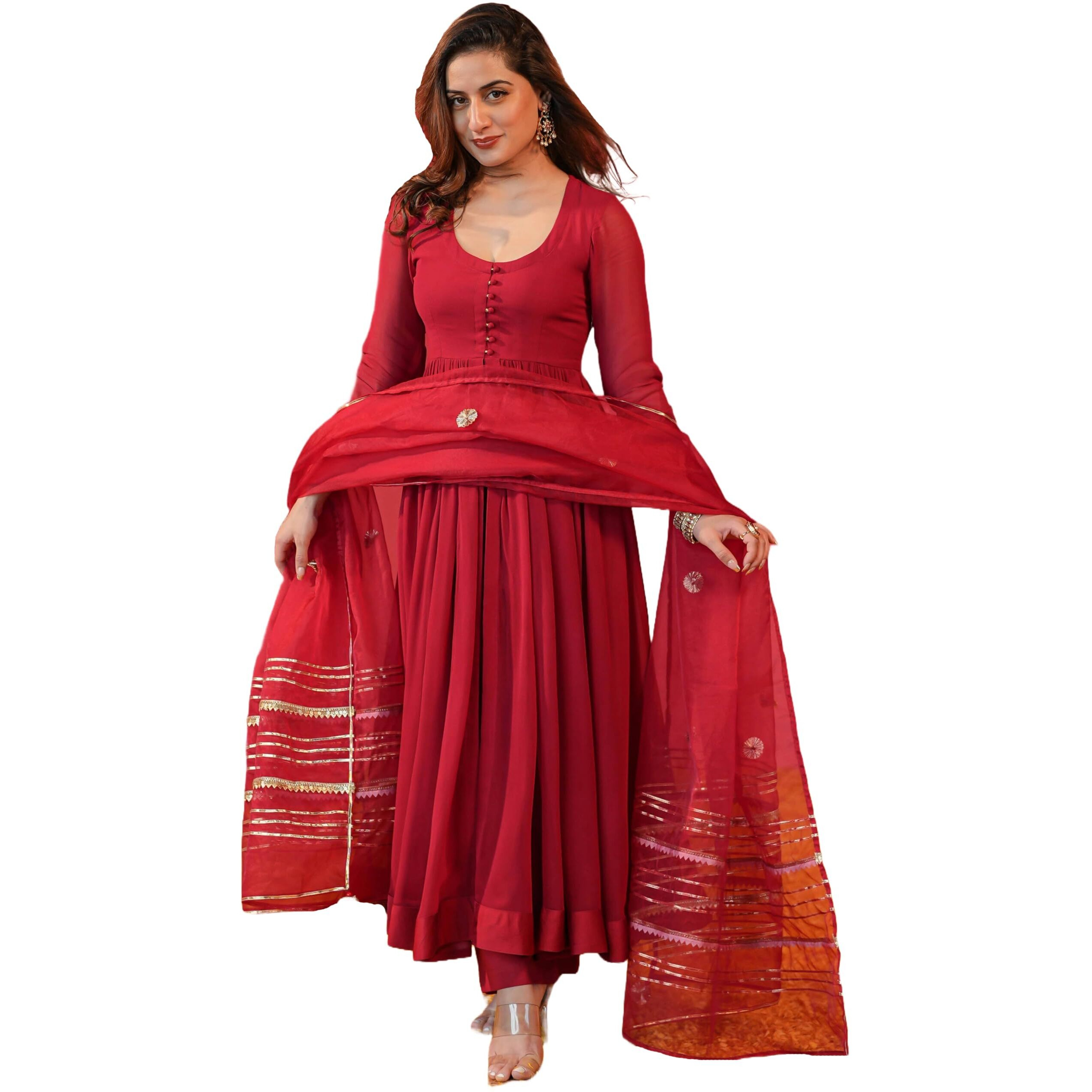 GoSriKi Women's Rayon Blend Anarkali Solid Kurta with Pant & Dupatta (JAYNTI RED-GS_3XL_Red_XXX-Large)