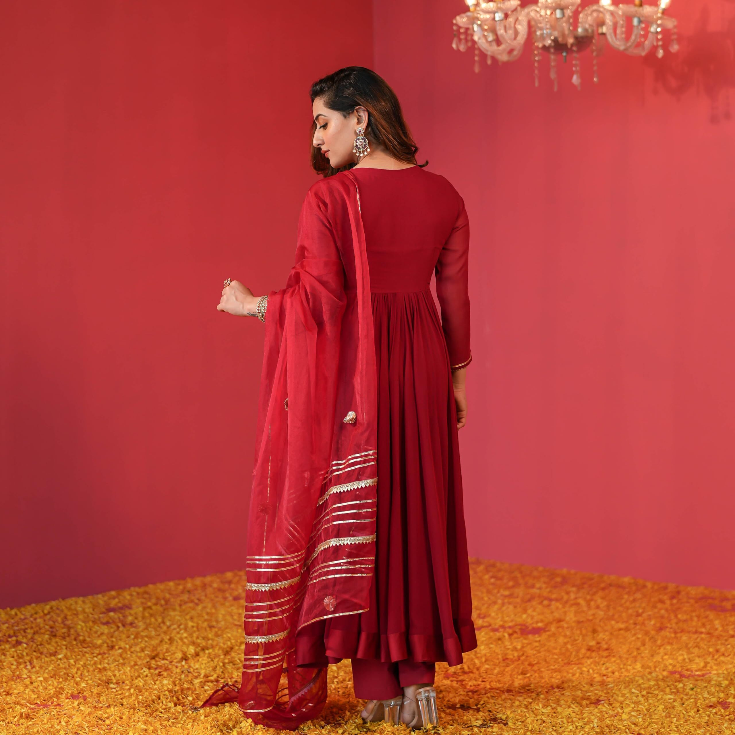 GoSriKi Women's Rayon Blend Anarkali Solid Kurta with Pant & Dupatta (JAYNTI RED-GS_3XL_Red_XXX-Large)