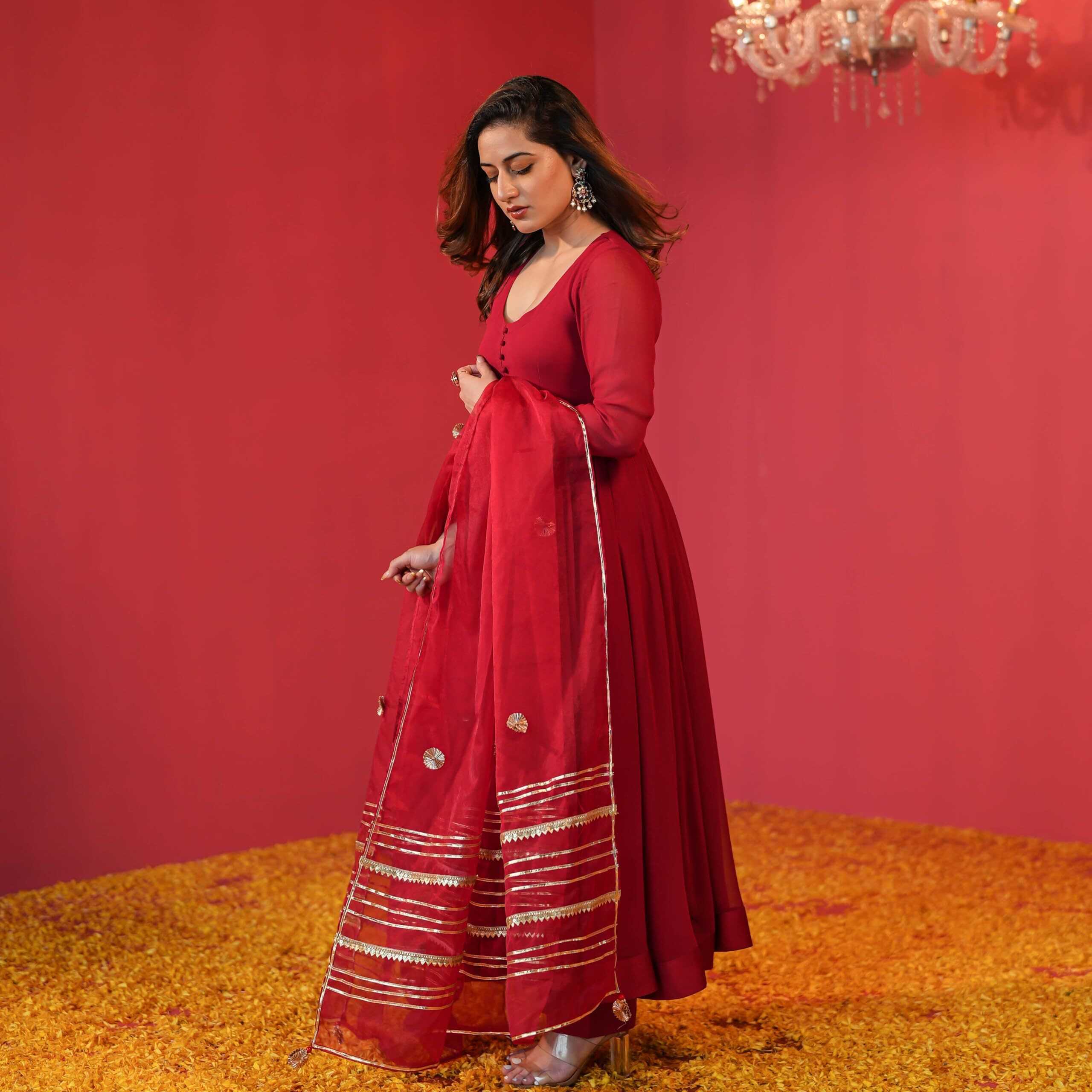 GoSriKi Women's Rayon Blend Anarkali Solid Kurta with Pant & Dupatta (JAYNTI RED-GS_3XL_Red_XXX-Large)