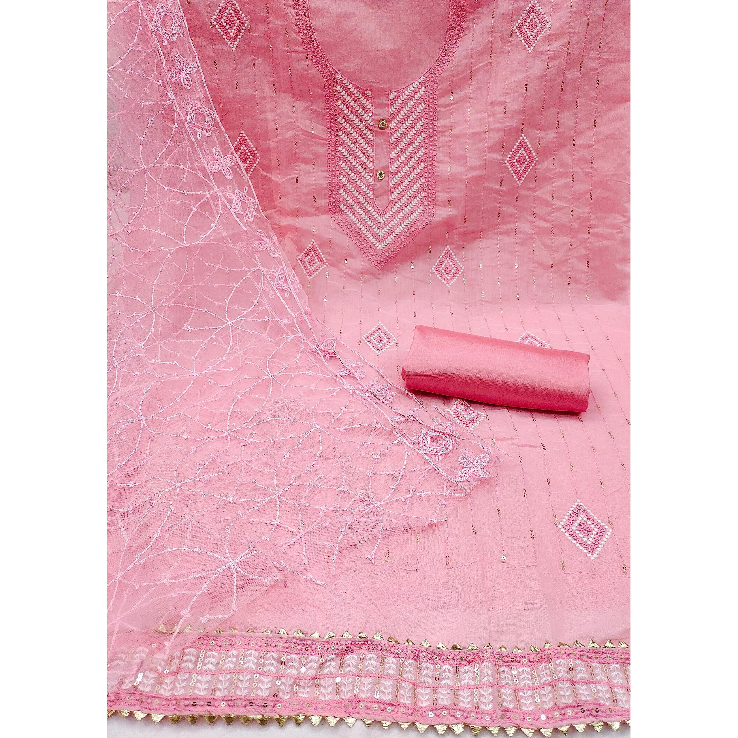 StyleScope Women's Heavy Chanderi Embroidery Sequence Work Unstitched Salwar Suit Dress Material With Net Work Dupatta (DM Sequence Pink_Pink_Free Size)