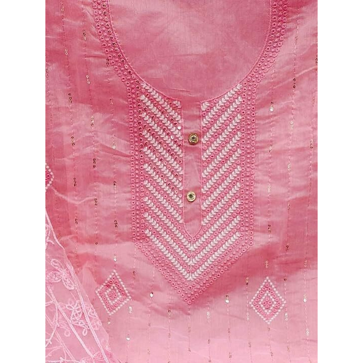 StyleScope Women's Heavy Chanderi Embroidery Sequence Work Unstitched Salwar Suit Dress Material With Net Work Dupatta (DM Sequence Pink_Pink_Free Size)