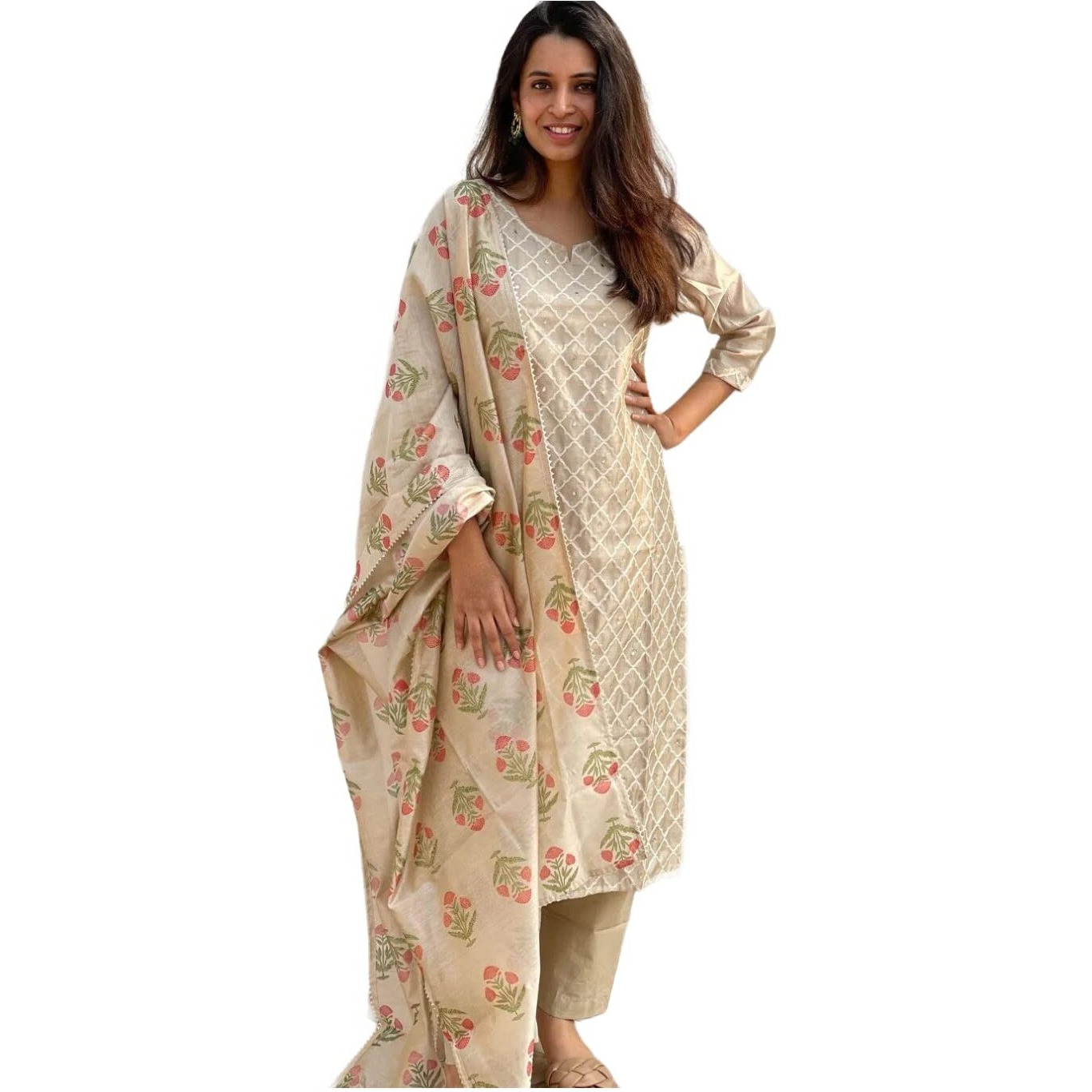GoSriKi Women's Cotton Blend Embroidered Straight Kurta with Pant & Dupatta (MYSURU-Cream_L-GS_Cream_Large)