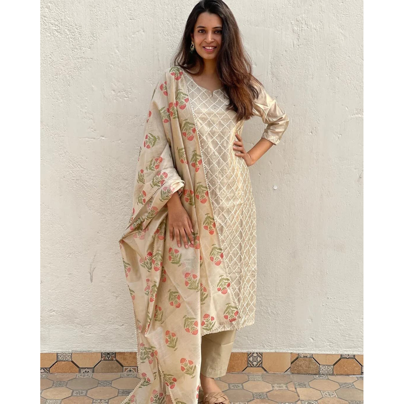 GoSriKi Women's Cotton Blend Embroidered Straight Kurta with Pant & Dupatta (MYSURU-Cream_L-GS_Cream_Large)
