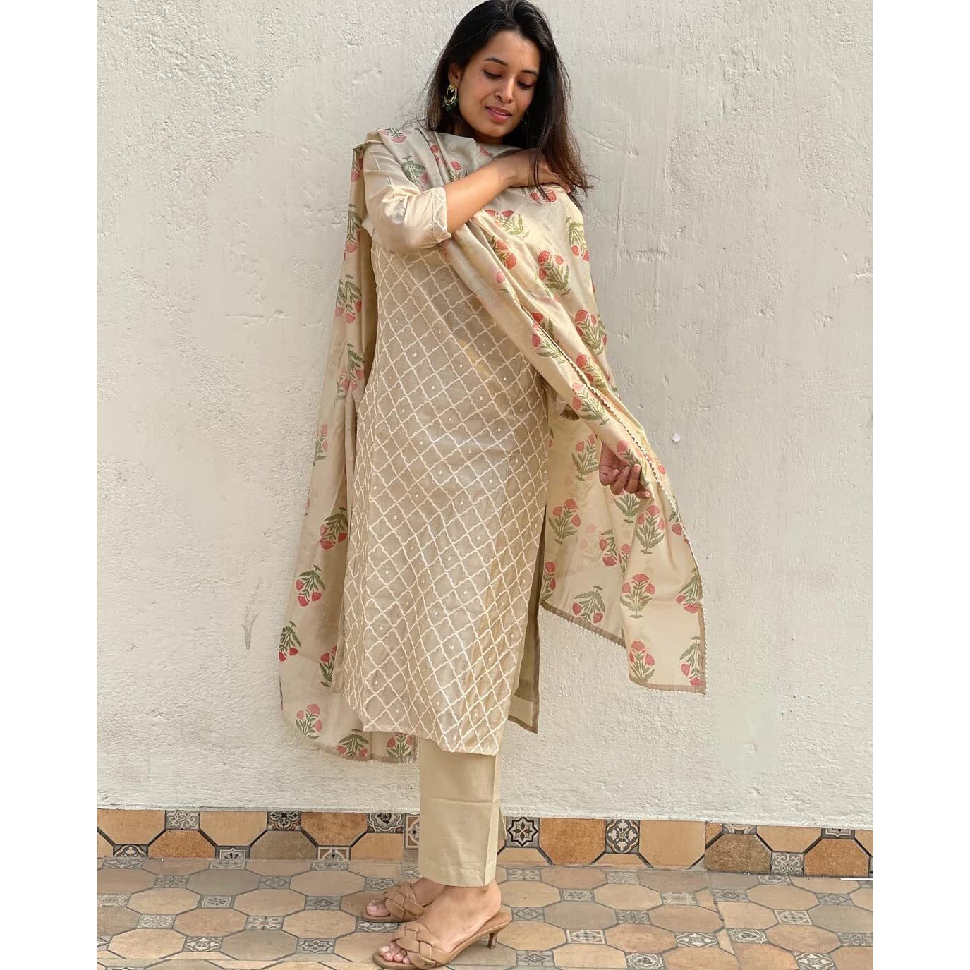 GoSriKi Women's Cotton Blend Embroidered Straight Kurta with Pant & Dupatta (MYSURU-Cream_L-GS_Cream_Large)