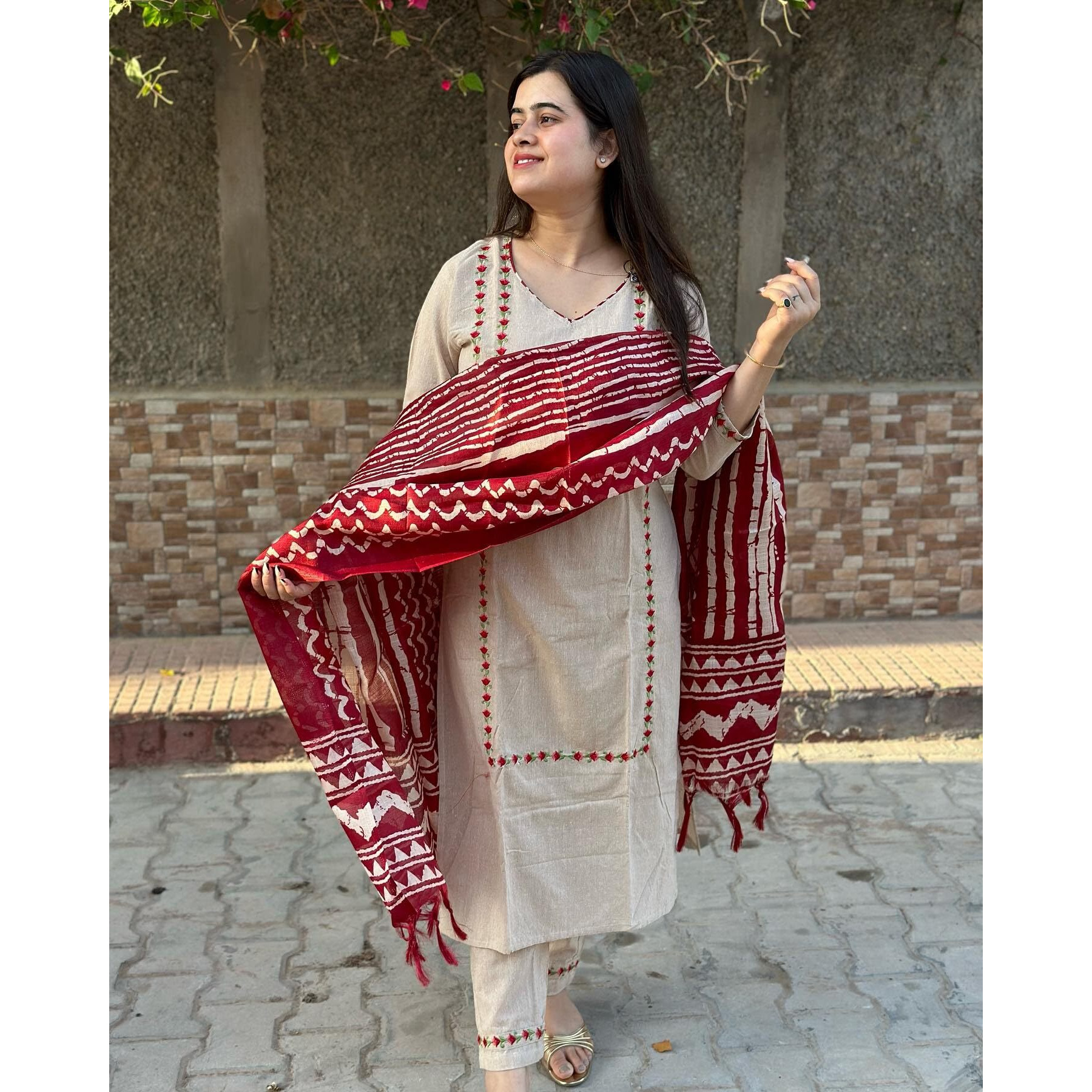 GoSriKi Women's Cotton Blend Straight Embroidered Kurta with Pant & Dupatta (DD Beige-NW-GS_4XL_Beige_XXXX-Large)
