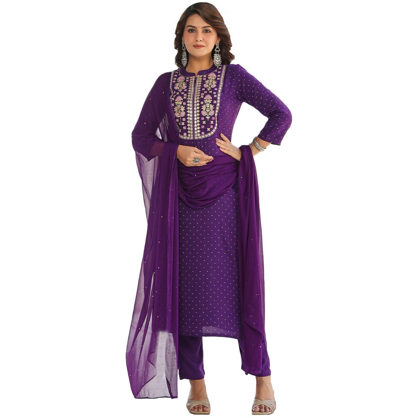 GoSriKi Women's Cotton Blend Straight Embroidered Kurta with Pant & Dupatta (RAJI-BEGANI-NKJ-GS_L_Purple_Large)