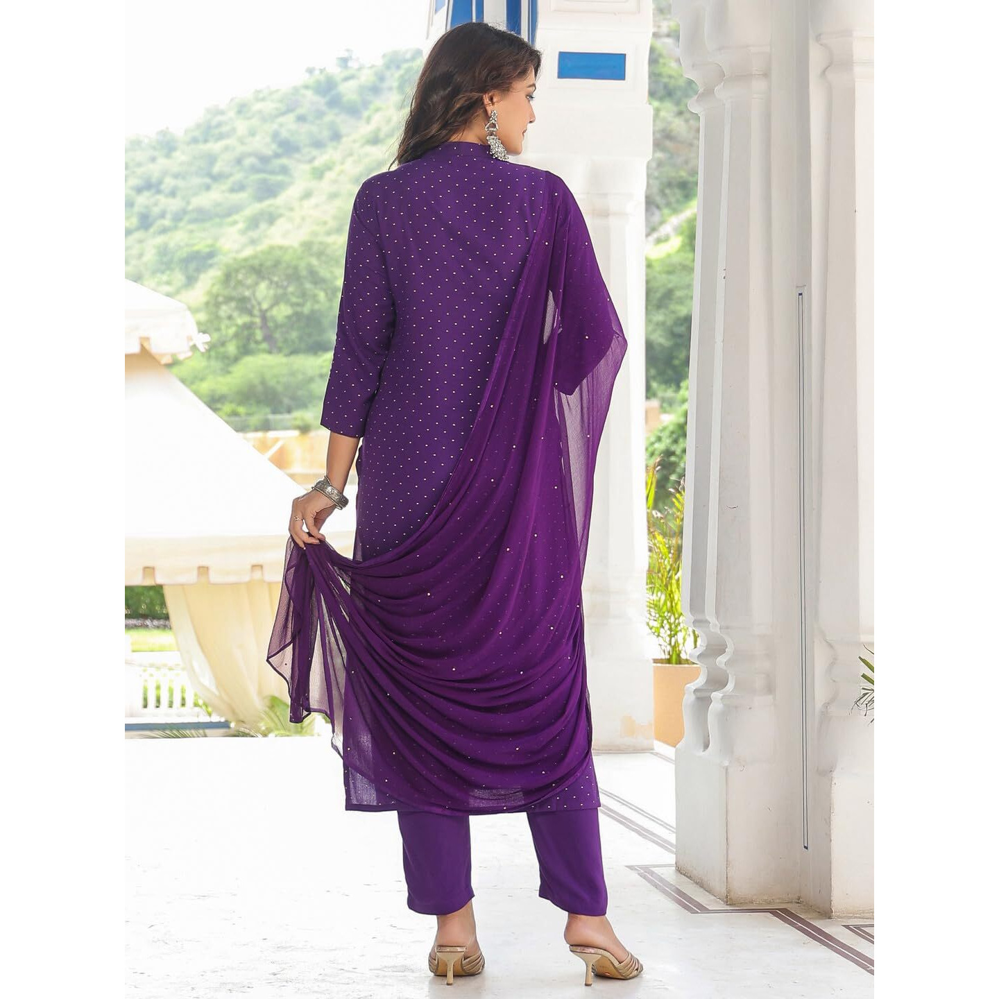 GoSriKi Women's Cotton Blend Straight Embroidered Kurta with Pant & Dupatta (RAJI-BEGANI-NKJ-GS_L_Purple_Large)