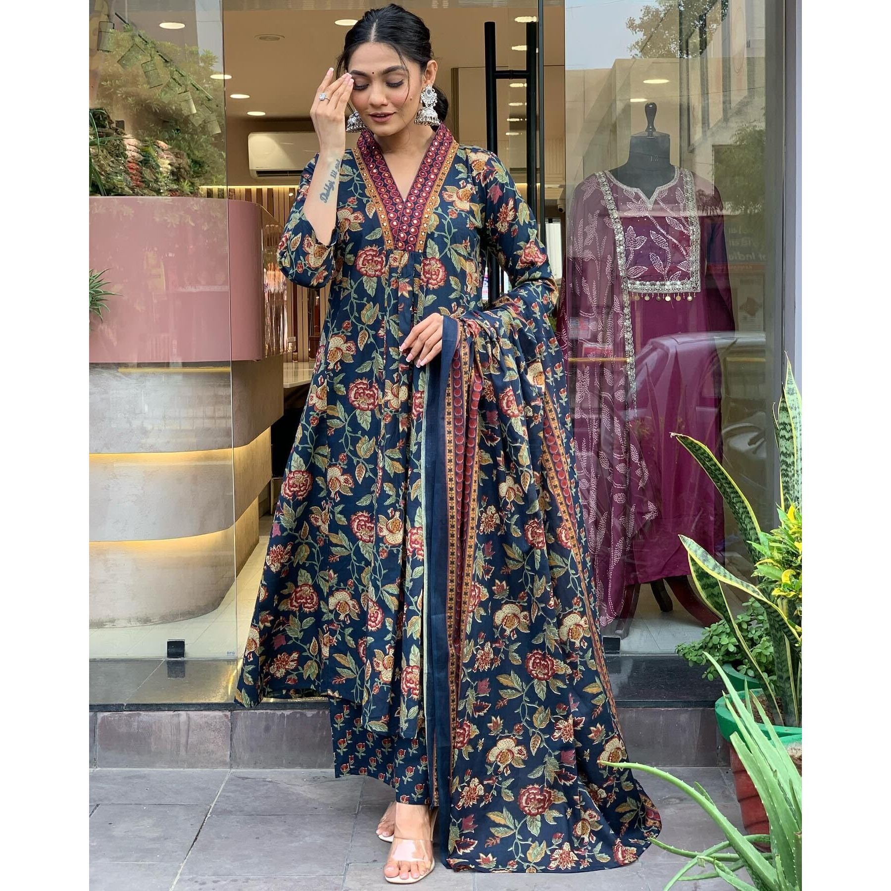 GoSriKi Women's Rayon Blend Anarkali Printed Kurta with Palazzo & Dupatta (CIA Blue-GS_L_Blue_Large)