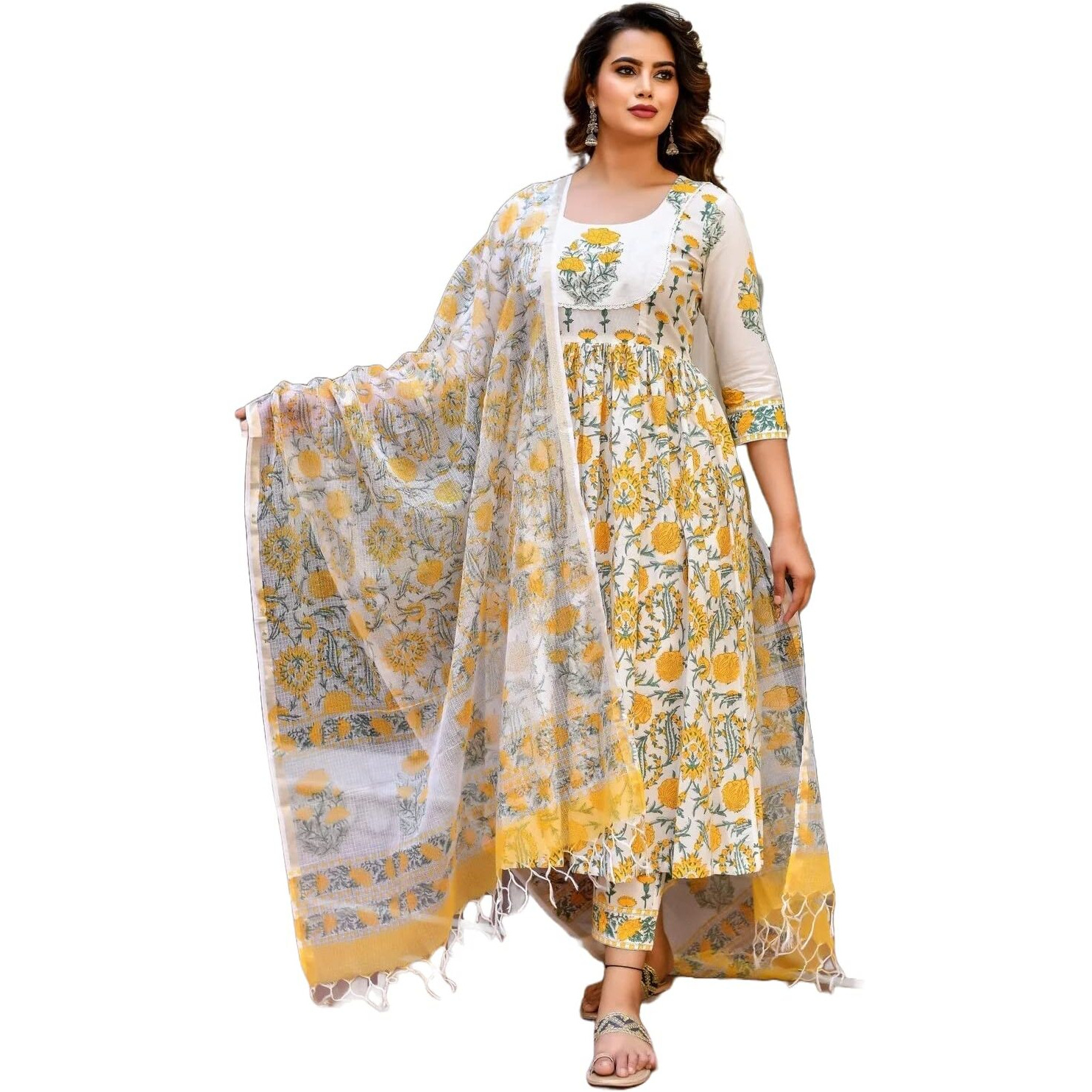 KLOSIA Women Block Printed Anarkali Kurta and Pant Set with Dupatta (Large) White