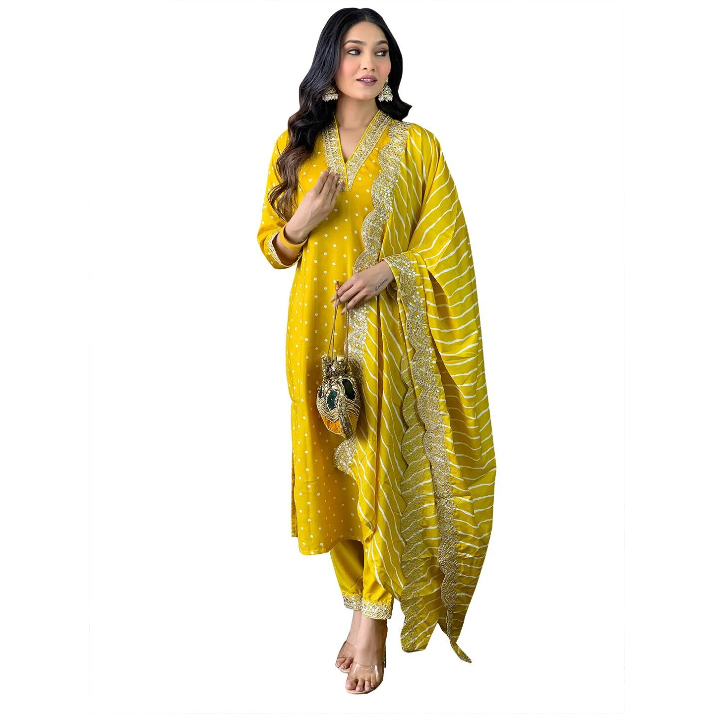 Naixa Women's Yellow Silk with Inner Embroidered Straight Kurta with Rayon Pant and Silk Blend Printed Dupatta Sets (NX-470-Yellow-L)