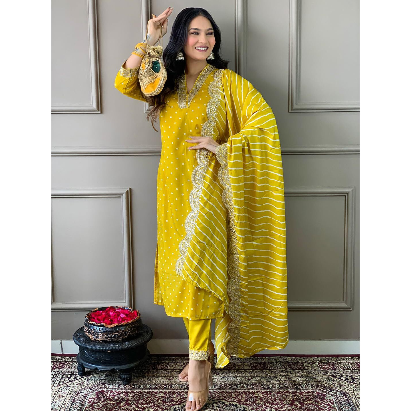 Naixa Women's Yellow Silk with Inner Embroidered Straight Kurta with Rayon Pant and Silk Blend Printed Dupatta Sets (NX-470-Yellow-L)