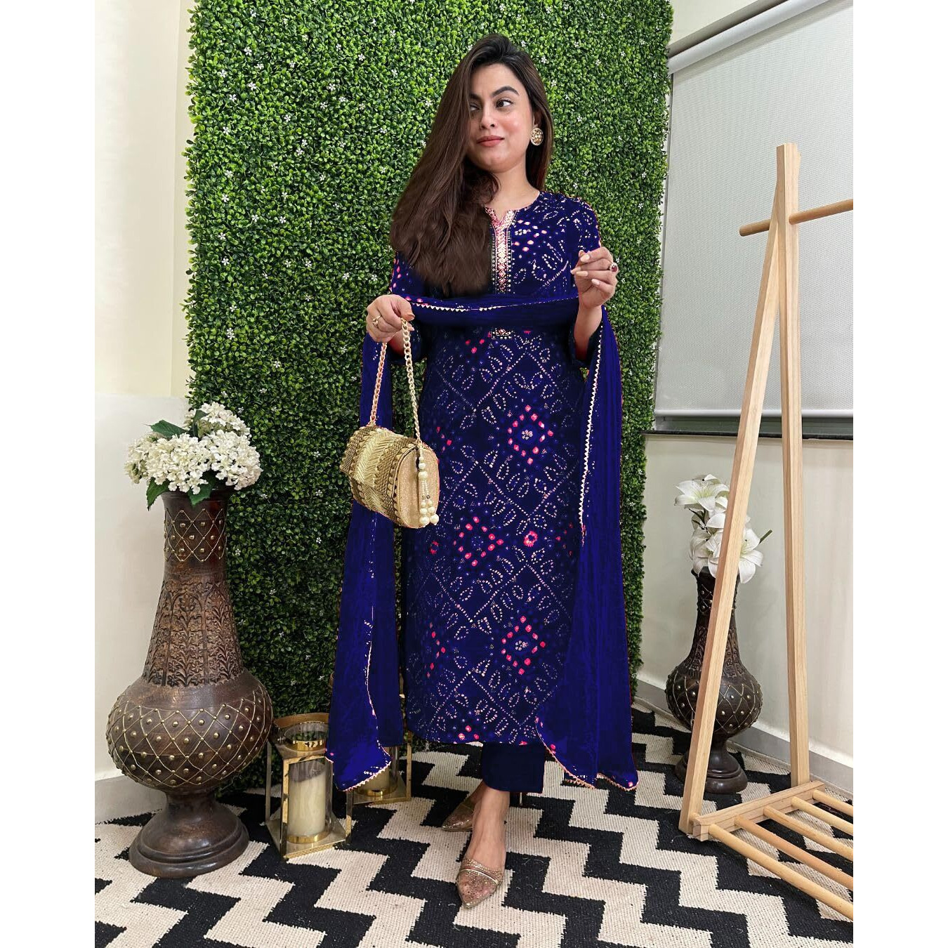 GoSriKi Women's Rayon Blend Straight Printed Kurta with Pant & Dupatta (TURAE Royal Blue-GS_S_Blue_Small)
