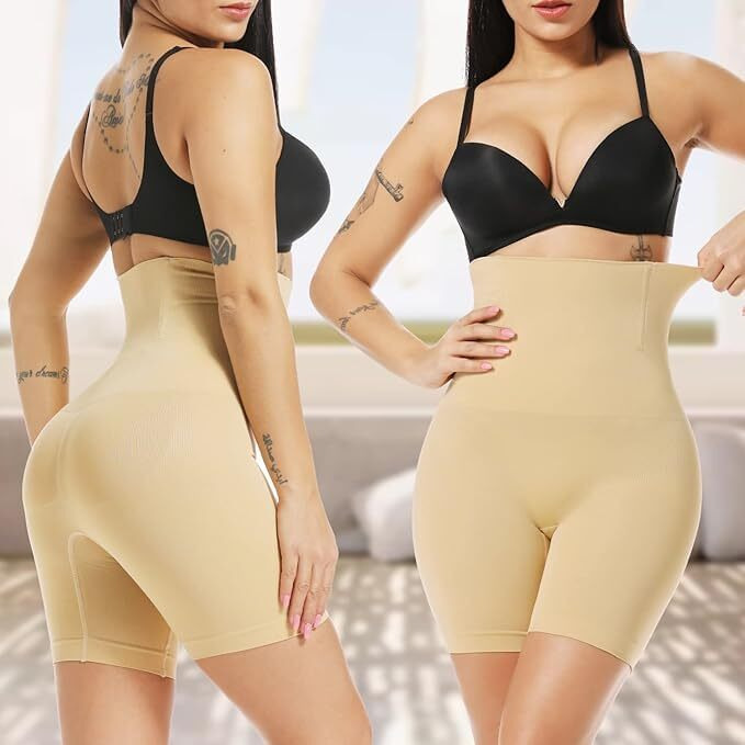 KROYWEN Women's Tummy Tucker High Waist Shapewear with Anti Rolling Strip Panties Shapewear (Free-Size) (Skin)
