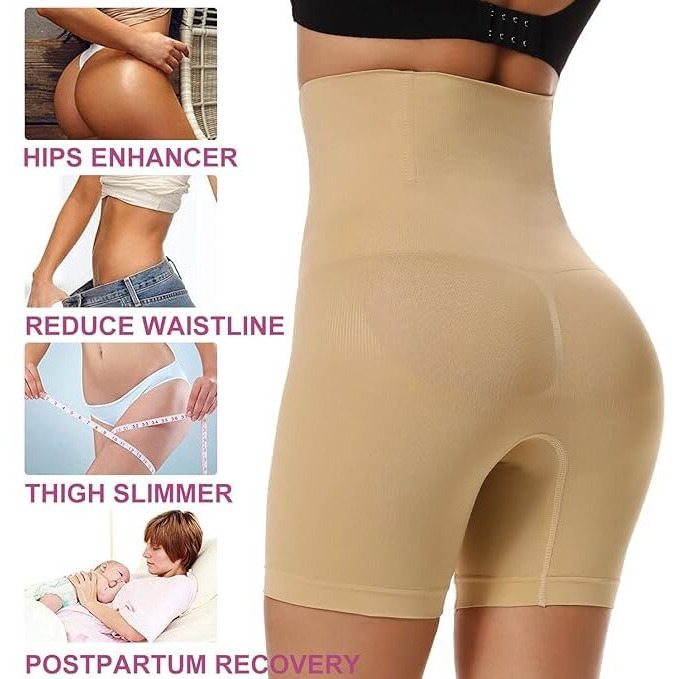 KROYWEN Women's Tummy Tucker High Waist Shapewear with Anti Rolling Strip Panties Shapewear (Free-Size) (Skin)