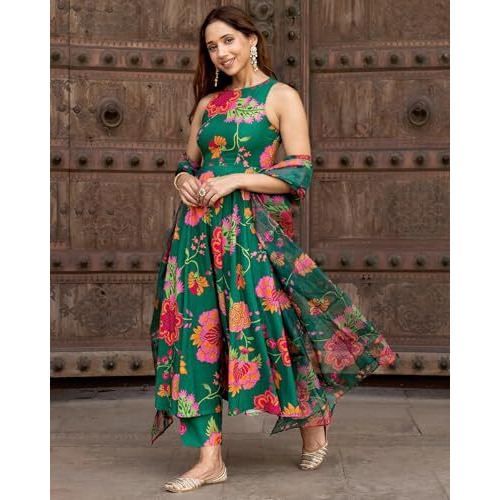 ANNI DESIGNER Women's Cotton Blend Printed Anarkali Kurta with Pant & Dupatta (Tanujashri Green_L_Green_Large)