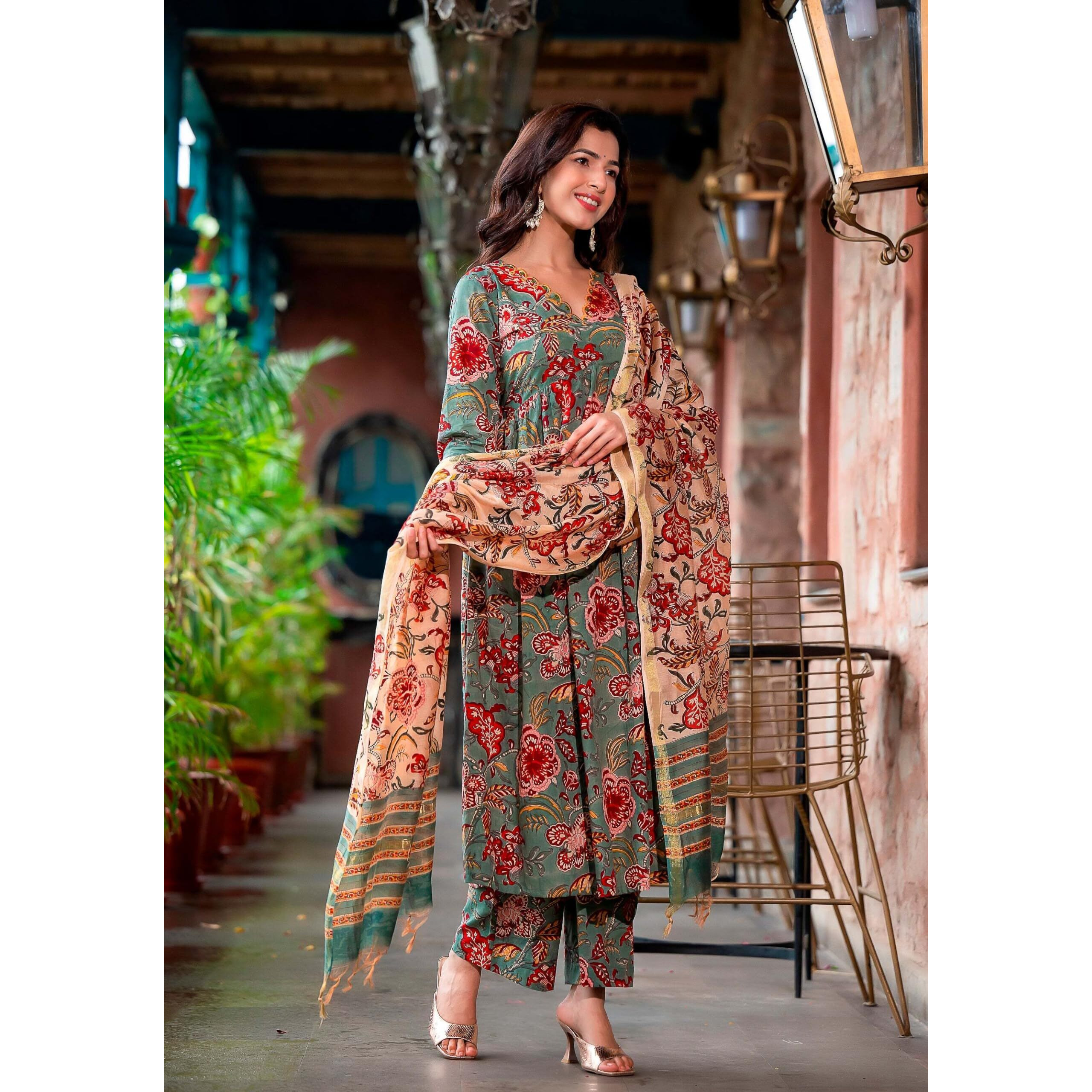 KLOSIA Women Floral Printed Anarkali Kurta and Pant Set with Dupatta | Kurta Set | Ethnic Set | Dupatta Set | (Medium) Light Blue