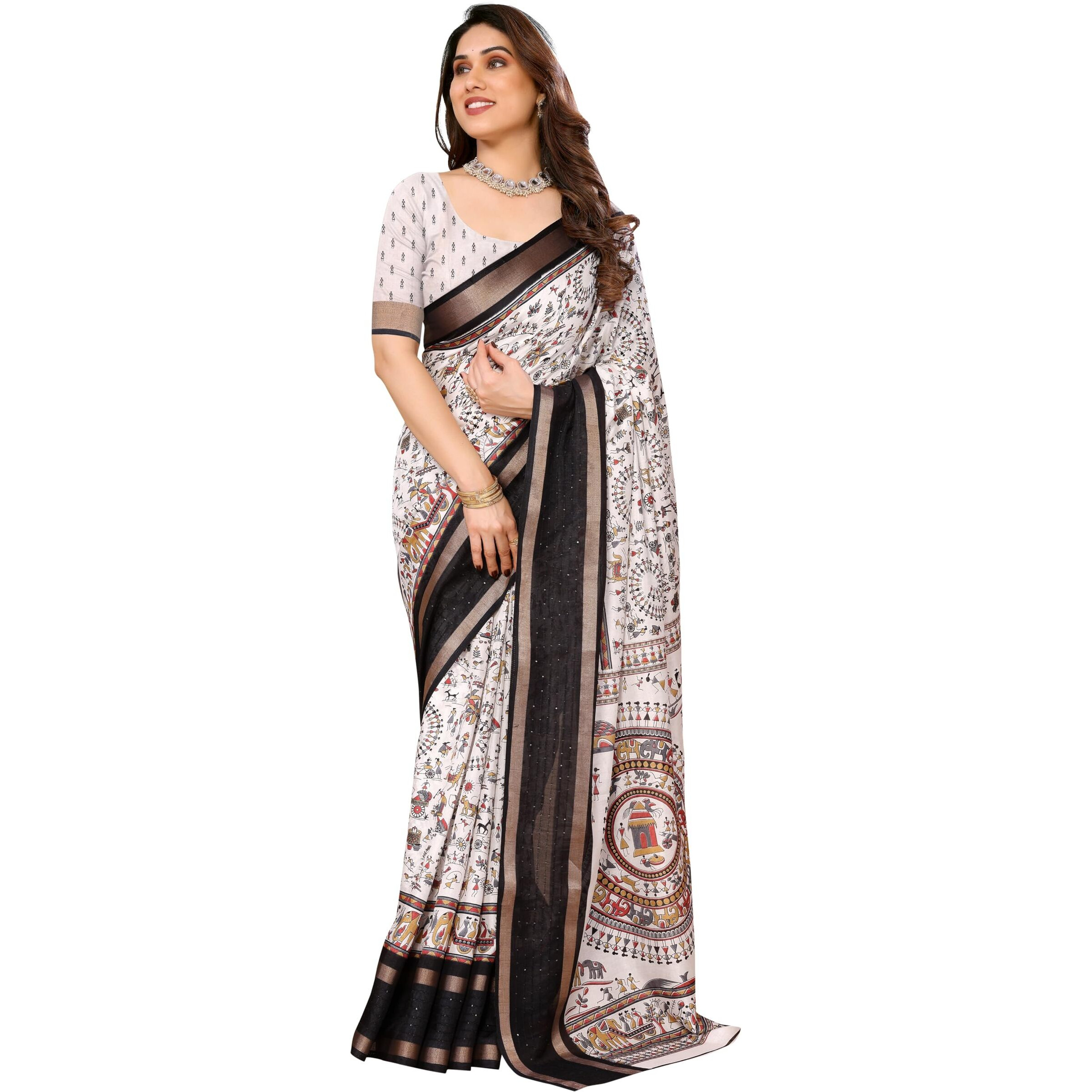 StyleScope Women's Printed Dola Silk Sequence Boarder Warli Art Saree With Unstitched Blouse Piece (Warli Sequence White_White_Free Size)