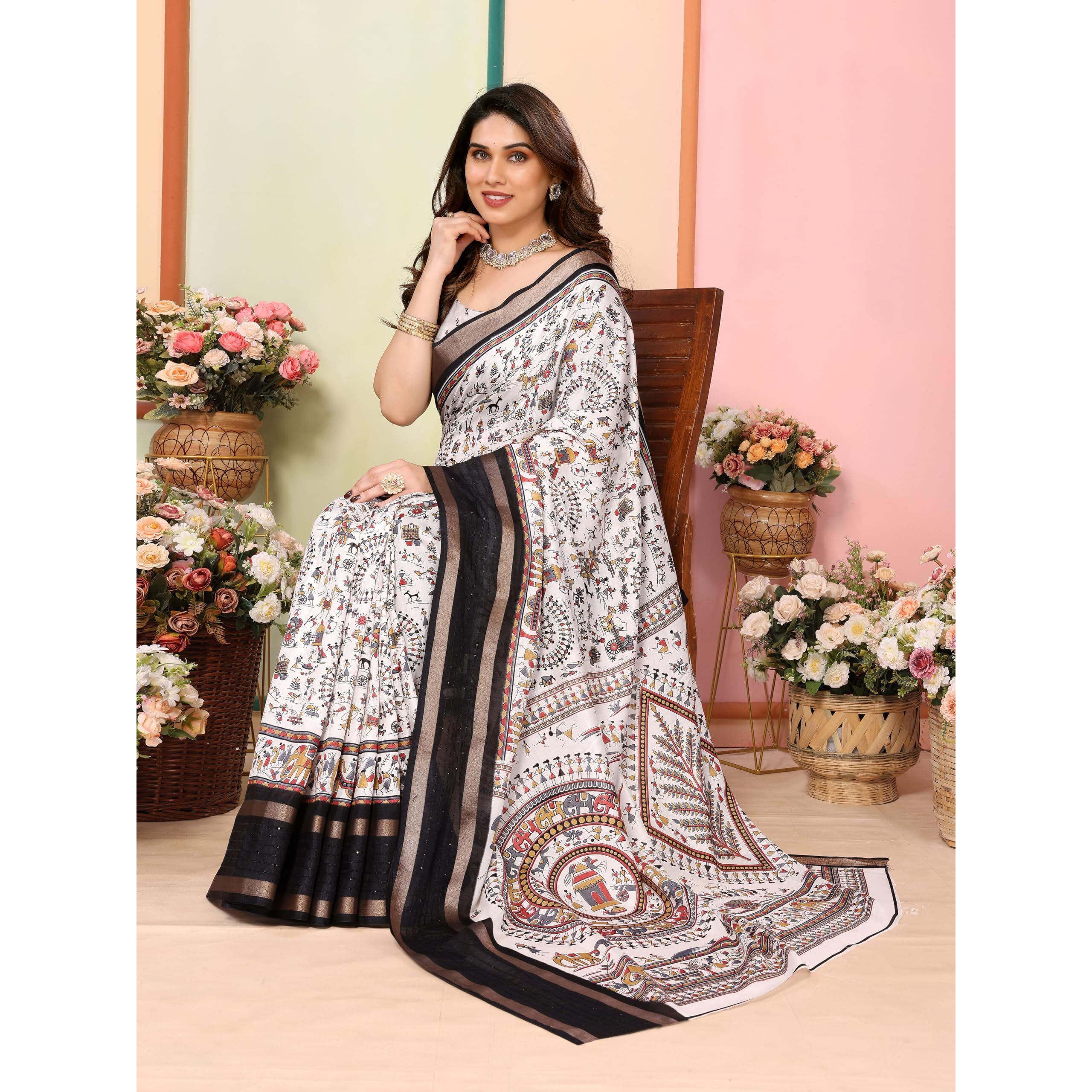 StyleScope Women's Printed Dola Silk Sequence Boarder Warli Art Saree With Unstitched Blouse Piece (Warli Sequence White_White_Free Size)